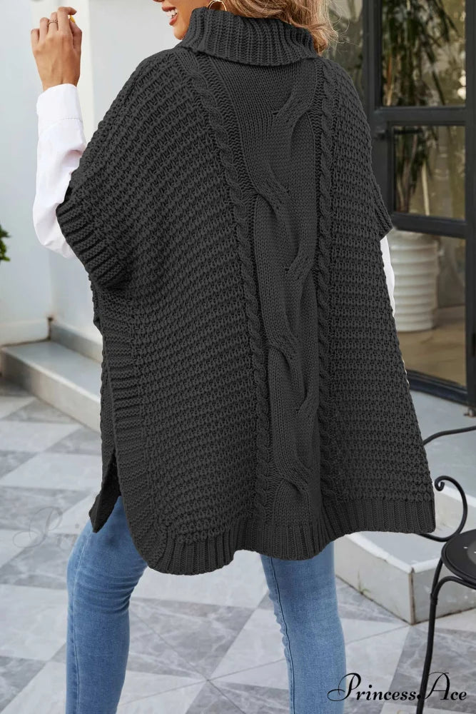 Turtleneck Cable Knit Shawl Sweater Black / L