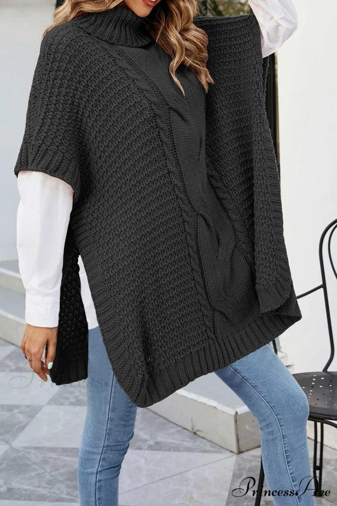 Turtleneck Cable Knit Shawl Sweater Black / M