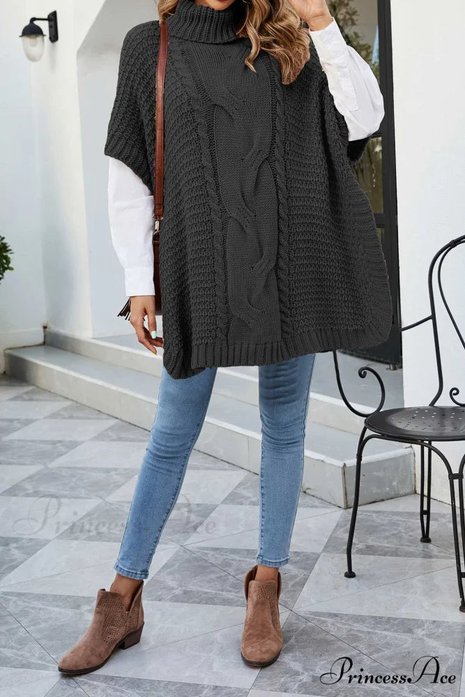 Turtleneck Cable Knit Shawl Sweater Black / S