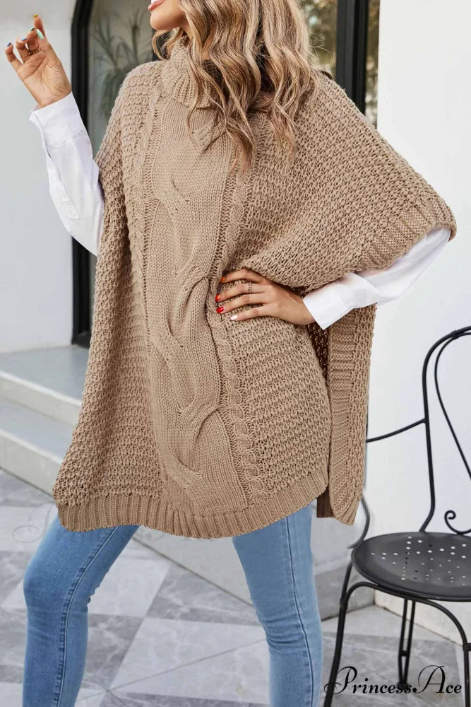 Turtleneck Cable Knit Shawl Sweater Khaki / M
