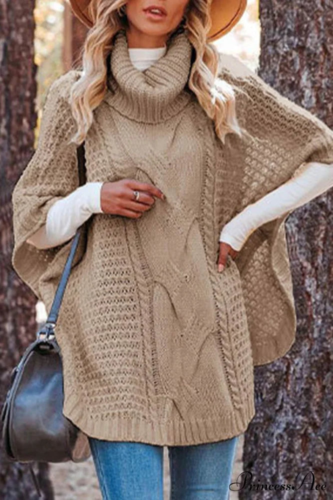 Turtleneck Cable Knit Shawl Sweater Khaki / S