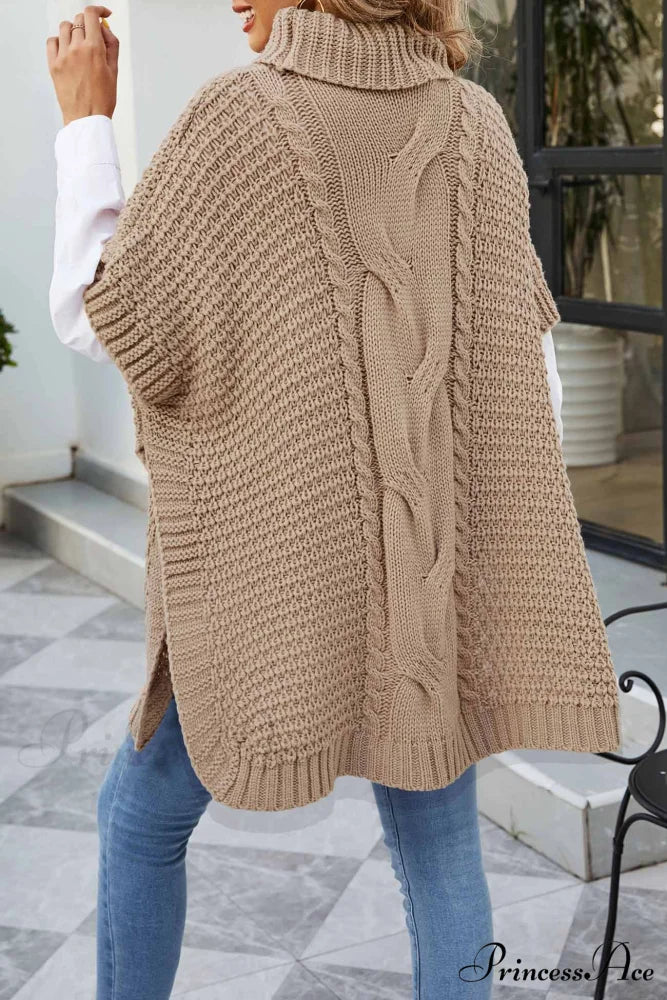 Turtleneck Cable Knit Shawl Sweater Khaki / XL