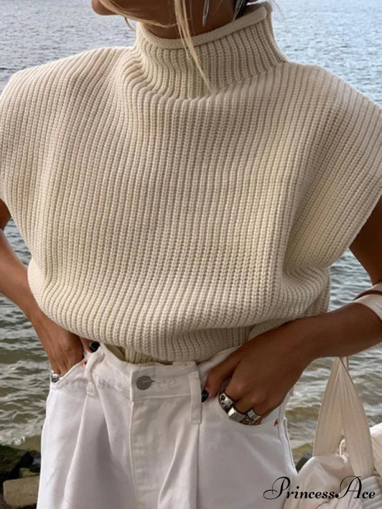 Turtleneck Color Solid Short-Sleeved Sweater Top Cracker khaki / S