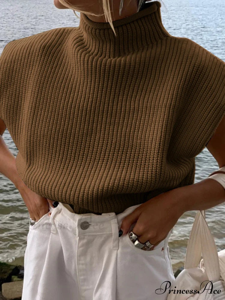 Turtleneck Color Solid Short-Sleeved Sweater Top Dark Brown / S