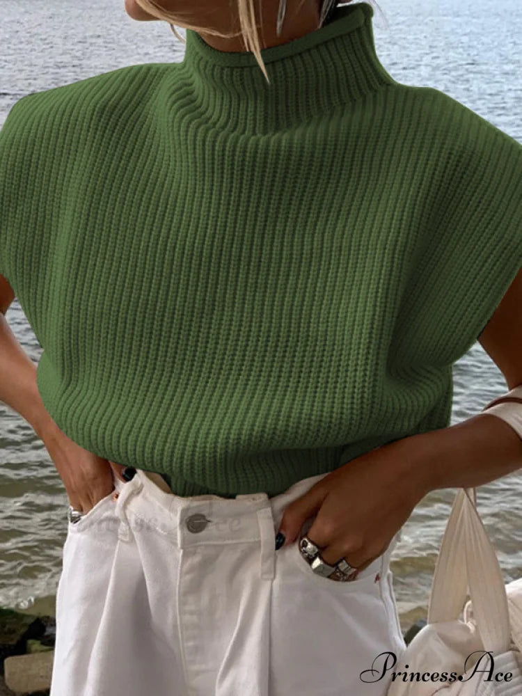 Turtleneck Color Solid Short-Sleeved Sweater Top Green / S