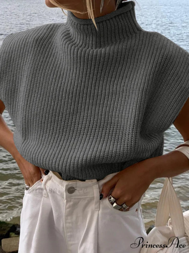 Turtleneck Color Solid Short-Sleeved Sweater Top Grey / S