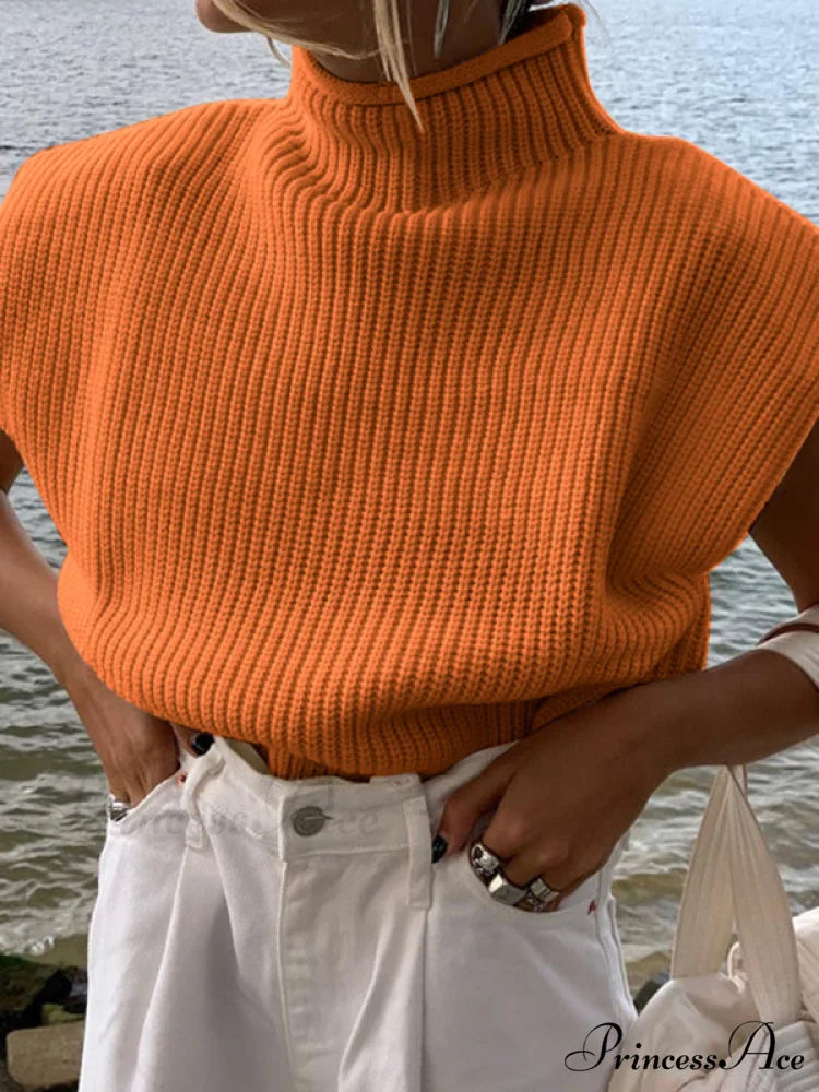 Turtleneck Color Solid Short-Sleeved Sweater Top Orange / S