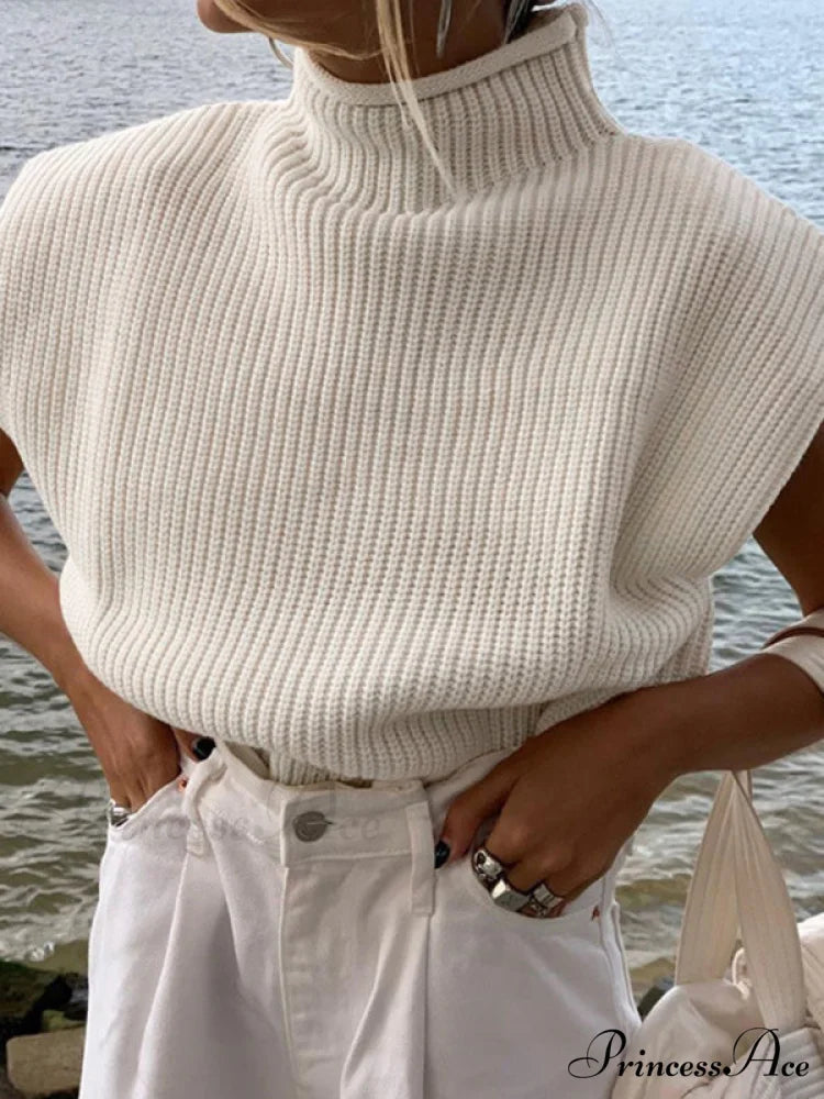 Turtleneck Color Solid Short-Sleeved Sweater Top White / S