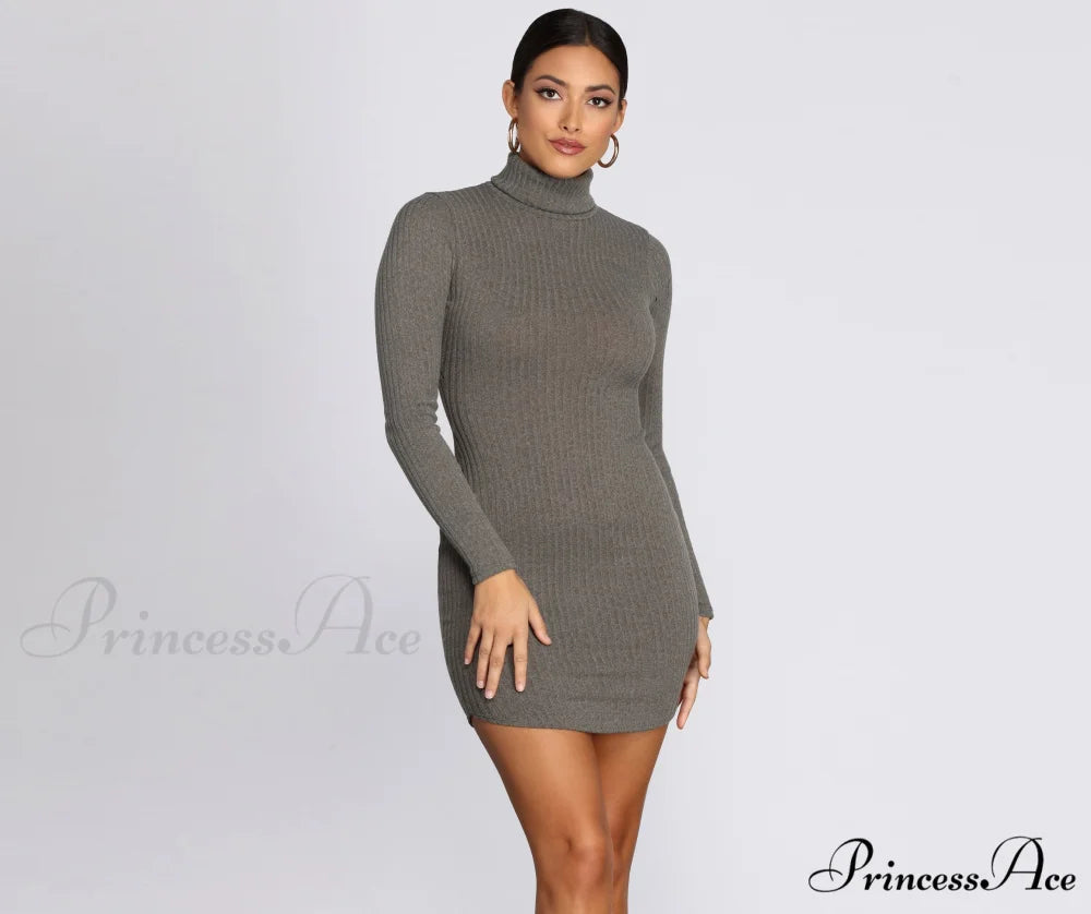 Turtleneck Long Sleeve Charming Ribbed Knit Mini Dress OLIVE / XS