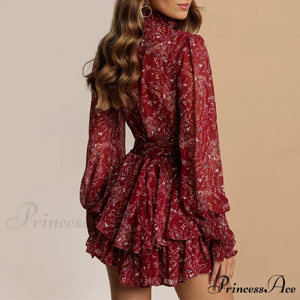 Turtleneck Long Sleeve Chiffon A Line Dress