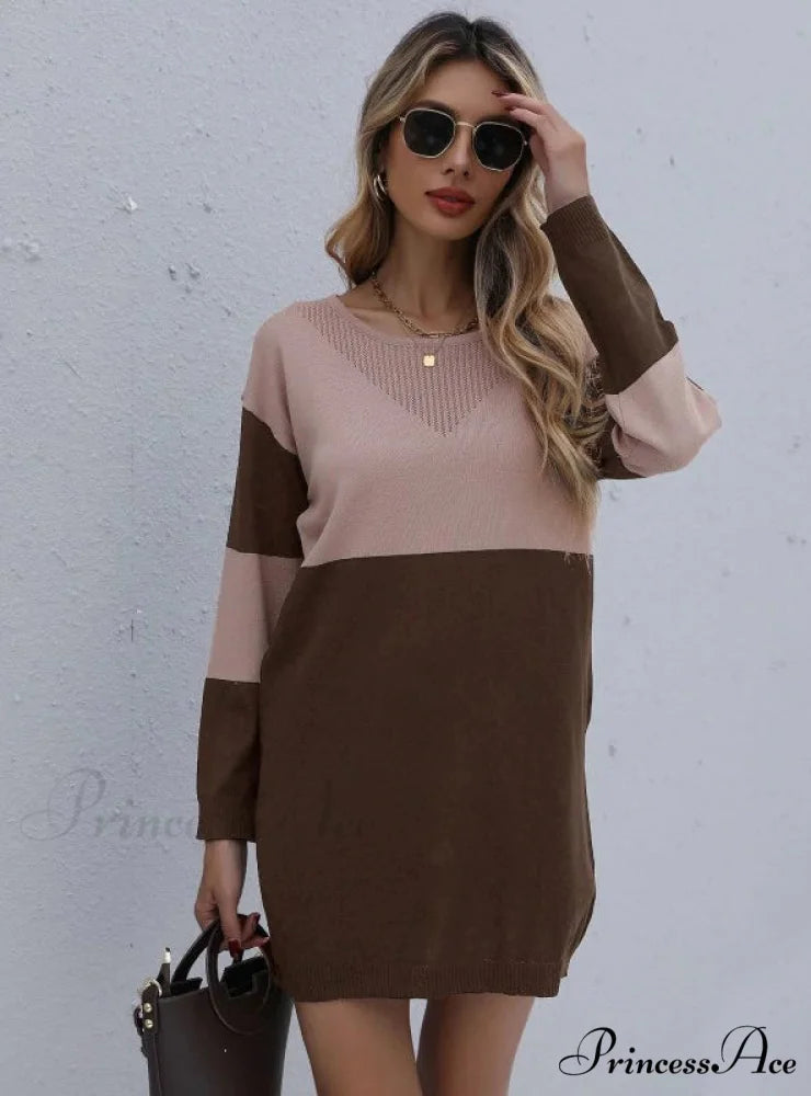 Turtleneck Loose Knit Stitching Sweater Dress M / gray