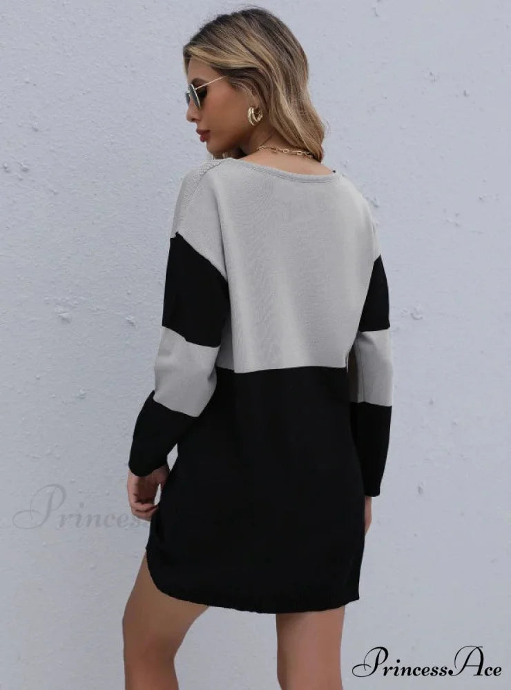 Turtleneck Loose Knit Stitching Sweater Dress S / brown