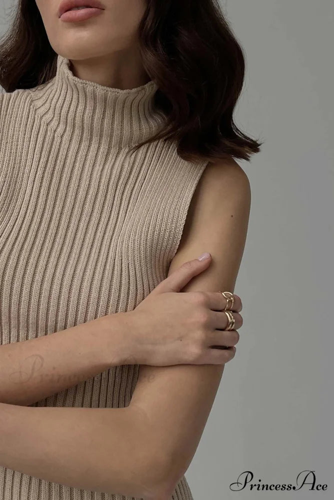 Turtleneck Ribbed Sleeveless Knit Sweater