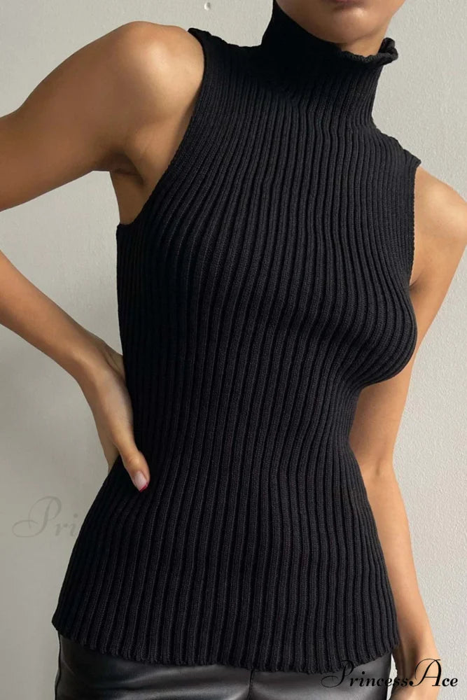 Turtleneck Ribbed Sleeveless Knit Sweater Black / S