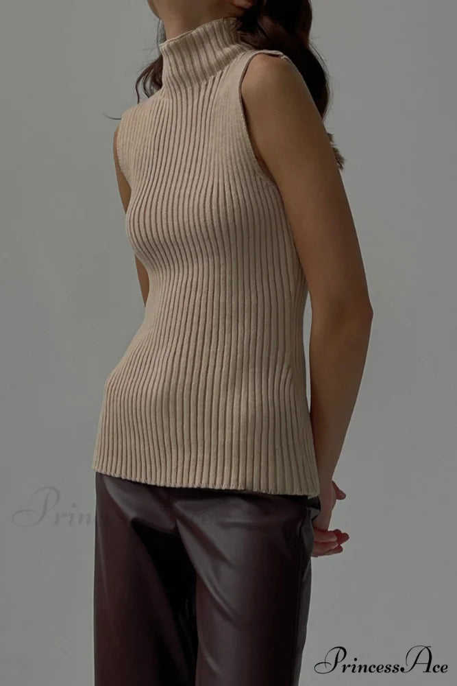 Turtleneck Ribbed Sleeveless Knit Sweater Camel / L