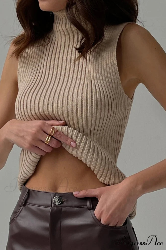 Turtleneck Ribbed Sleeveless Knit Sweater Camel / S