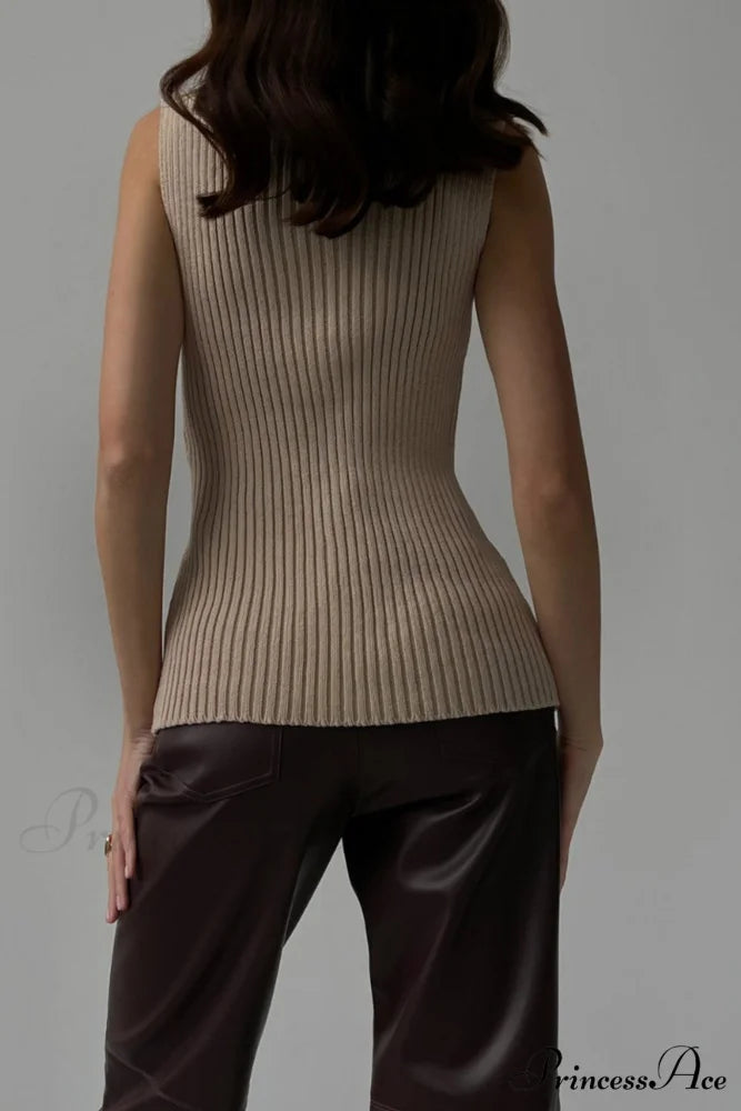 Turtleneck Ribbed Sleeveless Knit Sweater Camel / XL