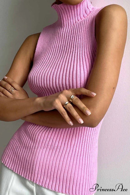 Turtleneck Ribbed Sleeveless Knit Sweater Pink / M