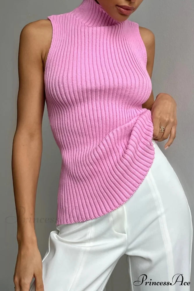 Turtleneck Ribbed Sleeveless Knit Sweater Pink / S