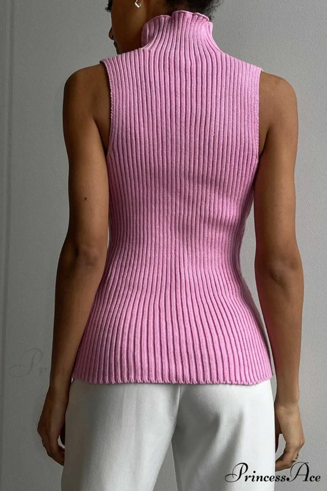 Turtleneck Ribbed Sleeveless Knit Sweater Pink / XL