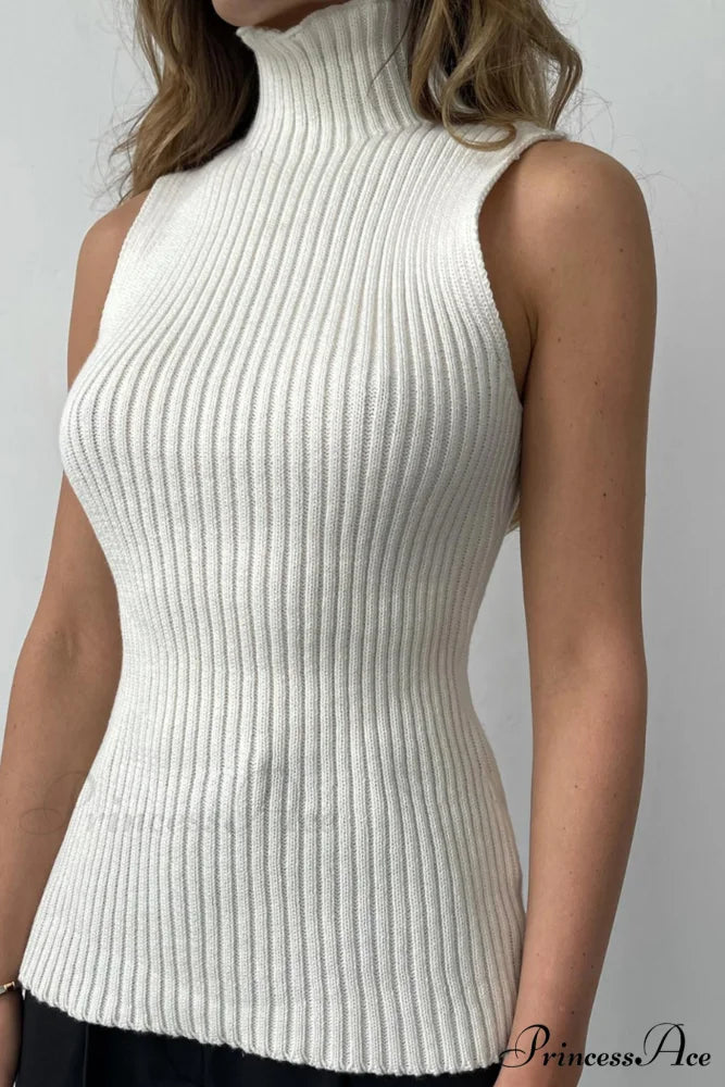 Turtleneck Ribbed Sleeveless Knit Sweater White / L