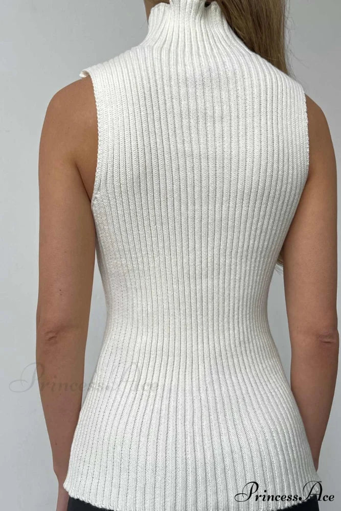 Turtleneck Ribbed Sleeveless Knit Sweater White / XL