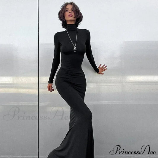 Turtleneck Sleeve Maxi Dress Black / S
