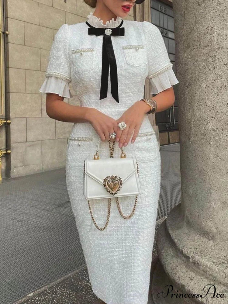 Tweed Pearl Trim Bow Graceful Design Formal Midi Dress White / S