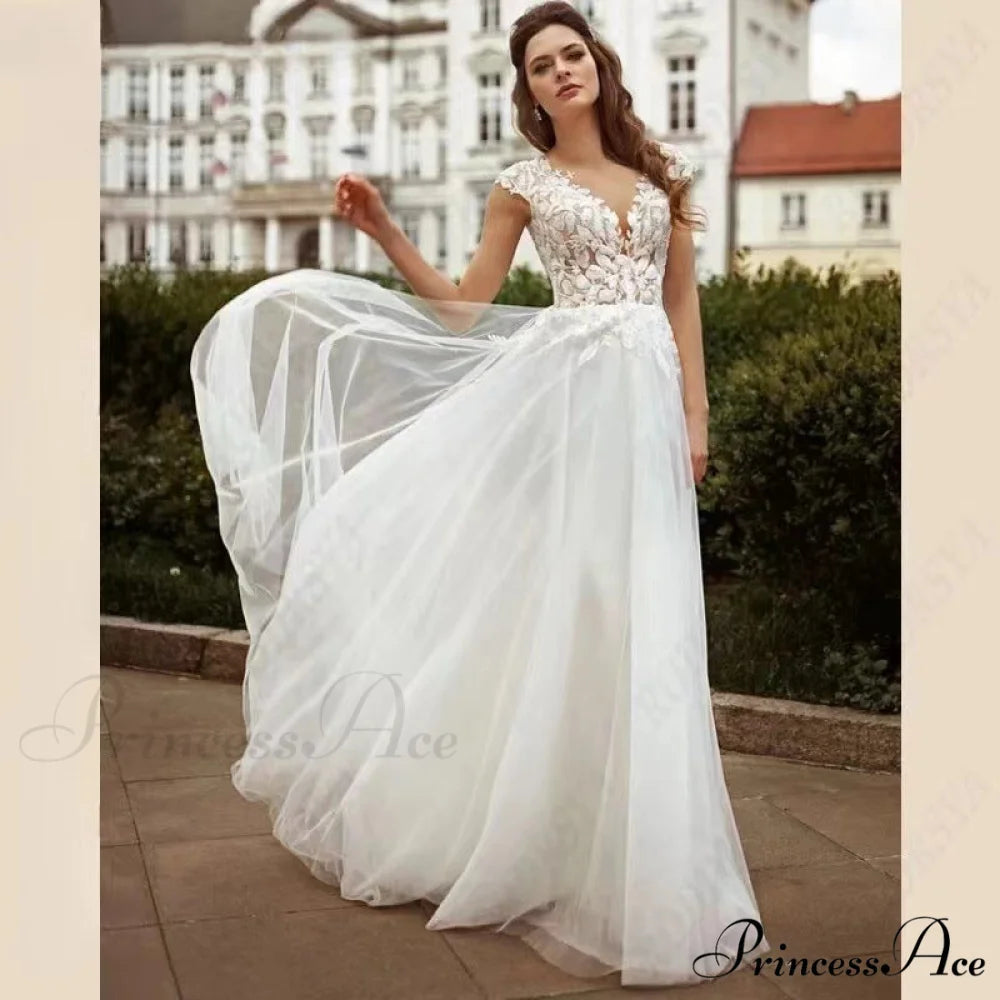 Twin Band Lace V-Neck Bridal Gown lvory white / 2 weddingdress-250223