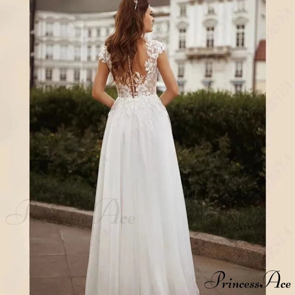 Twin Band Lace V-Neck Bridal Gown white / 2 weddingdress-250223