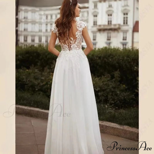 Twin Band Lace V-Neck Bridal Gown white / 2 weddingdress-250223