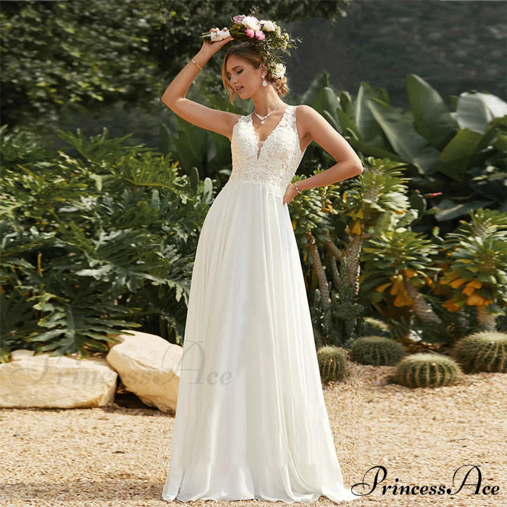 Twin Band Plunging Neckline Lace Bridal Gown lvory white / 2 weddingdress-250223