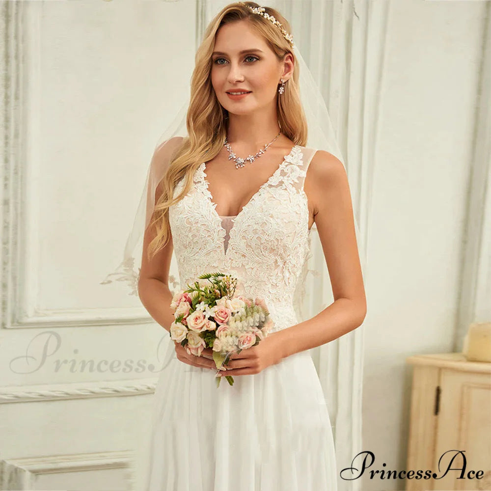 Twin Band Plunging Neckline Lace Bridal Gown weddingdress-250223