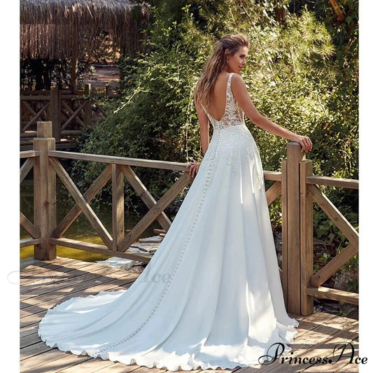 Twin Band Plunging Neckline Lace Bridal Gown white / 2 weddingdress-250223