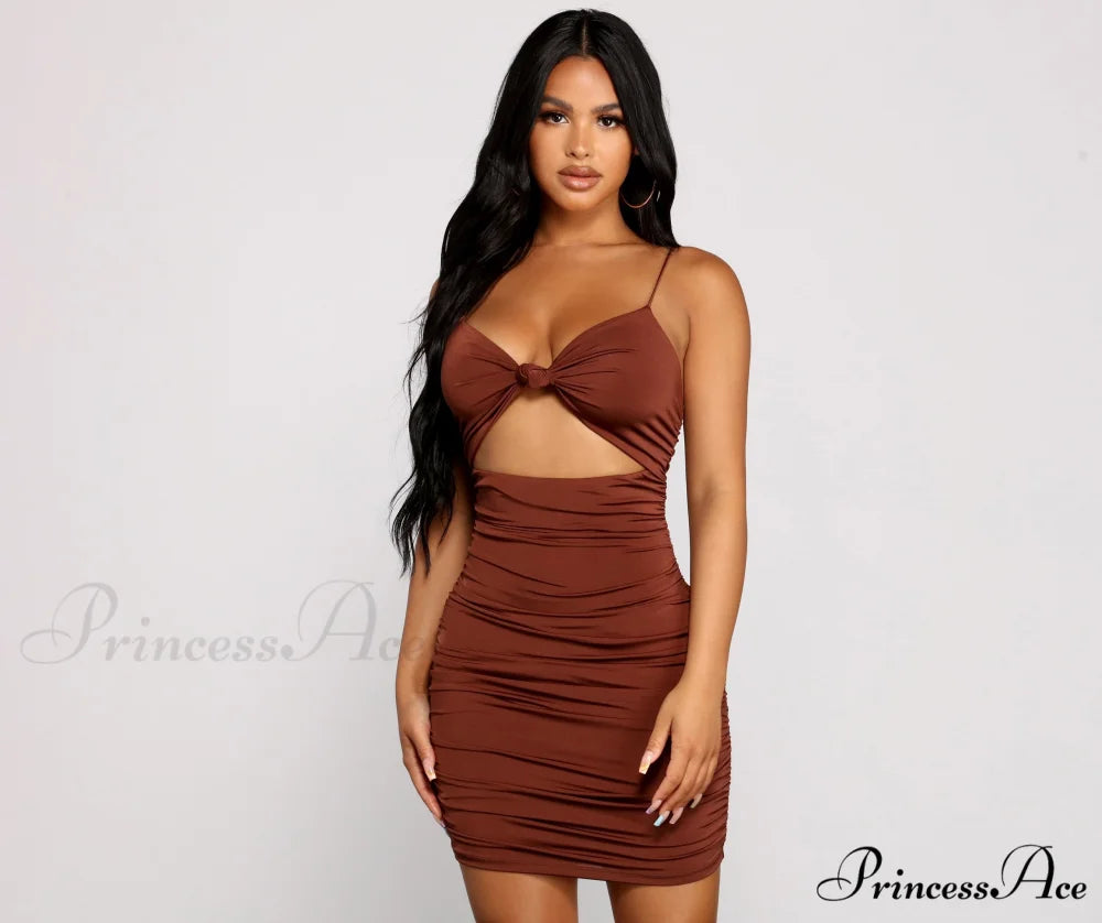 Twist And Pose Charming Ruched Mini Dress BROWN / XS