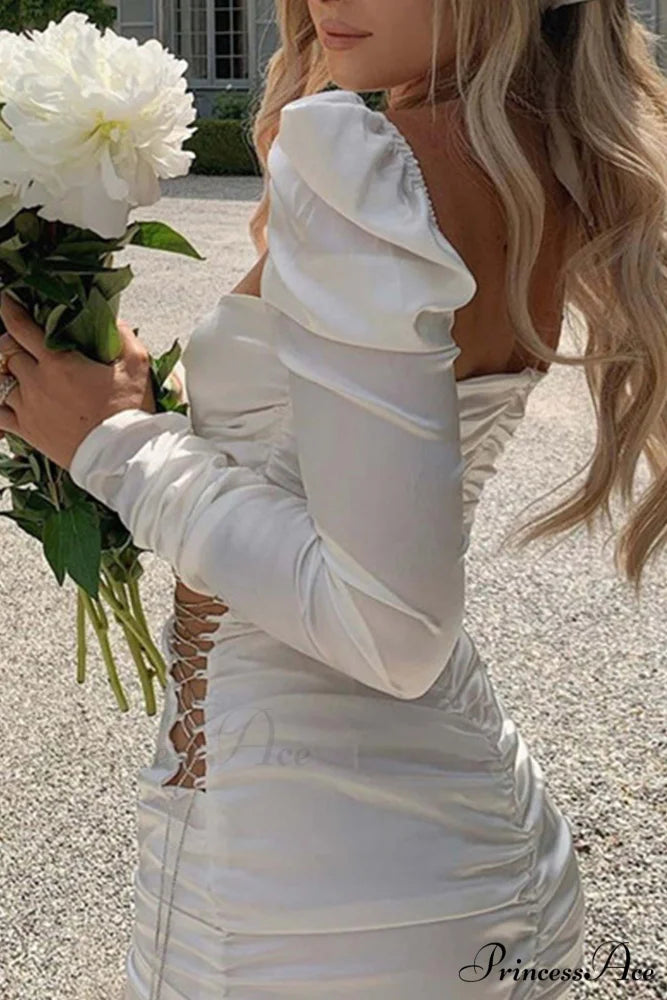 Twist-front Cutout Dress with Puff Sleeves White / L