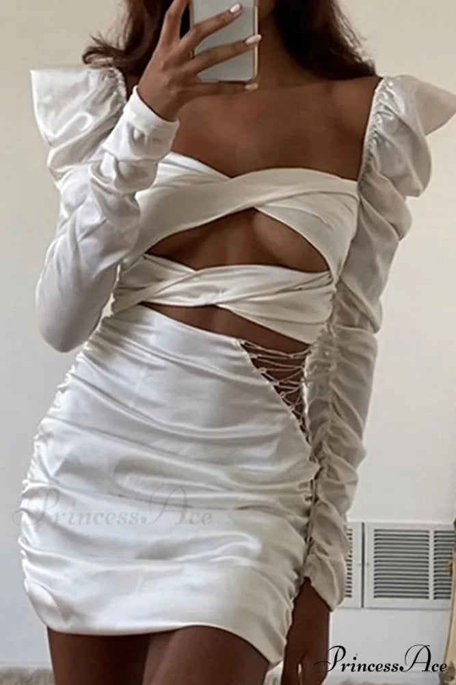 Twist-front Cutout Dress with Puff Sleeves White / S