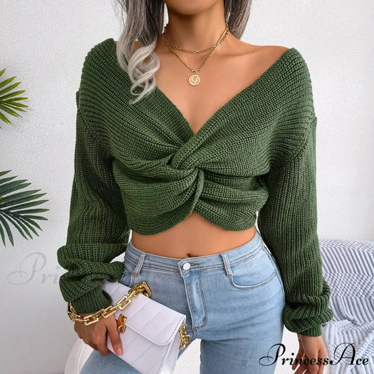 Twist Front Deep Neck Crop Sweater army green / S swraters-241228