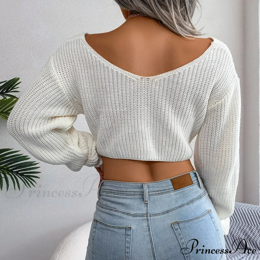 Twist Front Deep Neck Crop Sweater swraters-241228