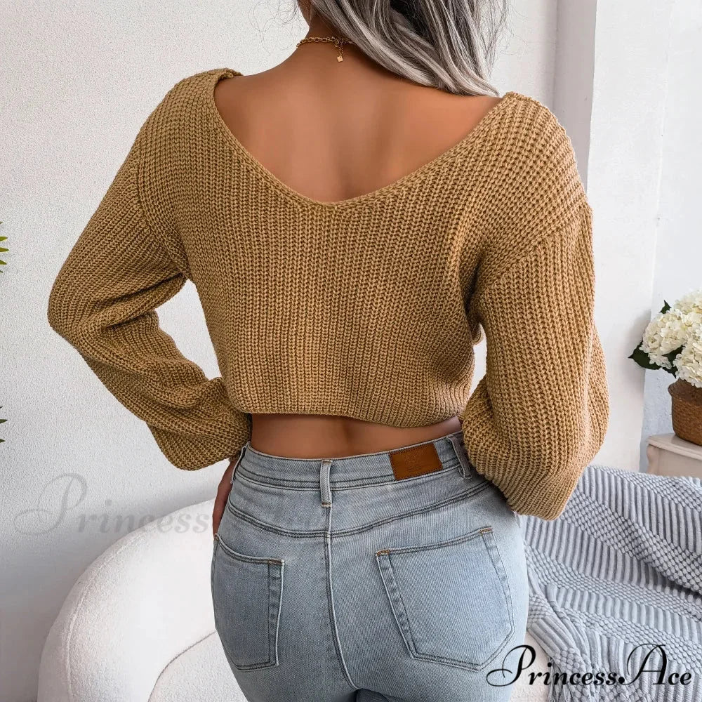 Twist Front Deep Neck Crop Sweater swraters-241228