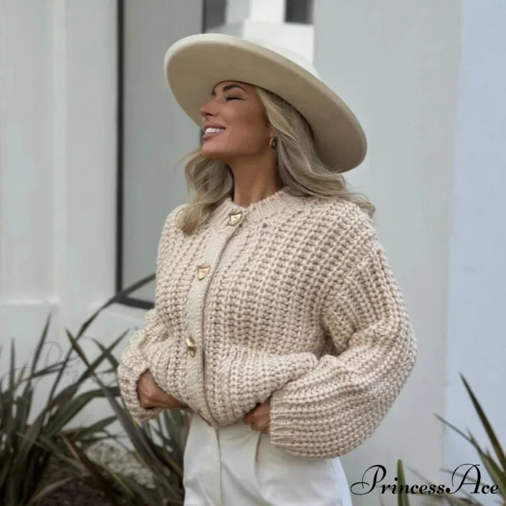 Twist Knitted Solid Casual Cardigan Gold / S