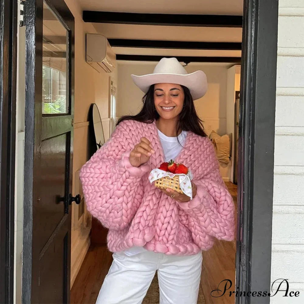 Twist Knitted Solid Casual Cardigan Pink / S