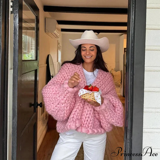 Twist Knitted Solid Casual Cardigan Pink / S