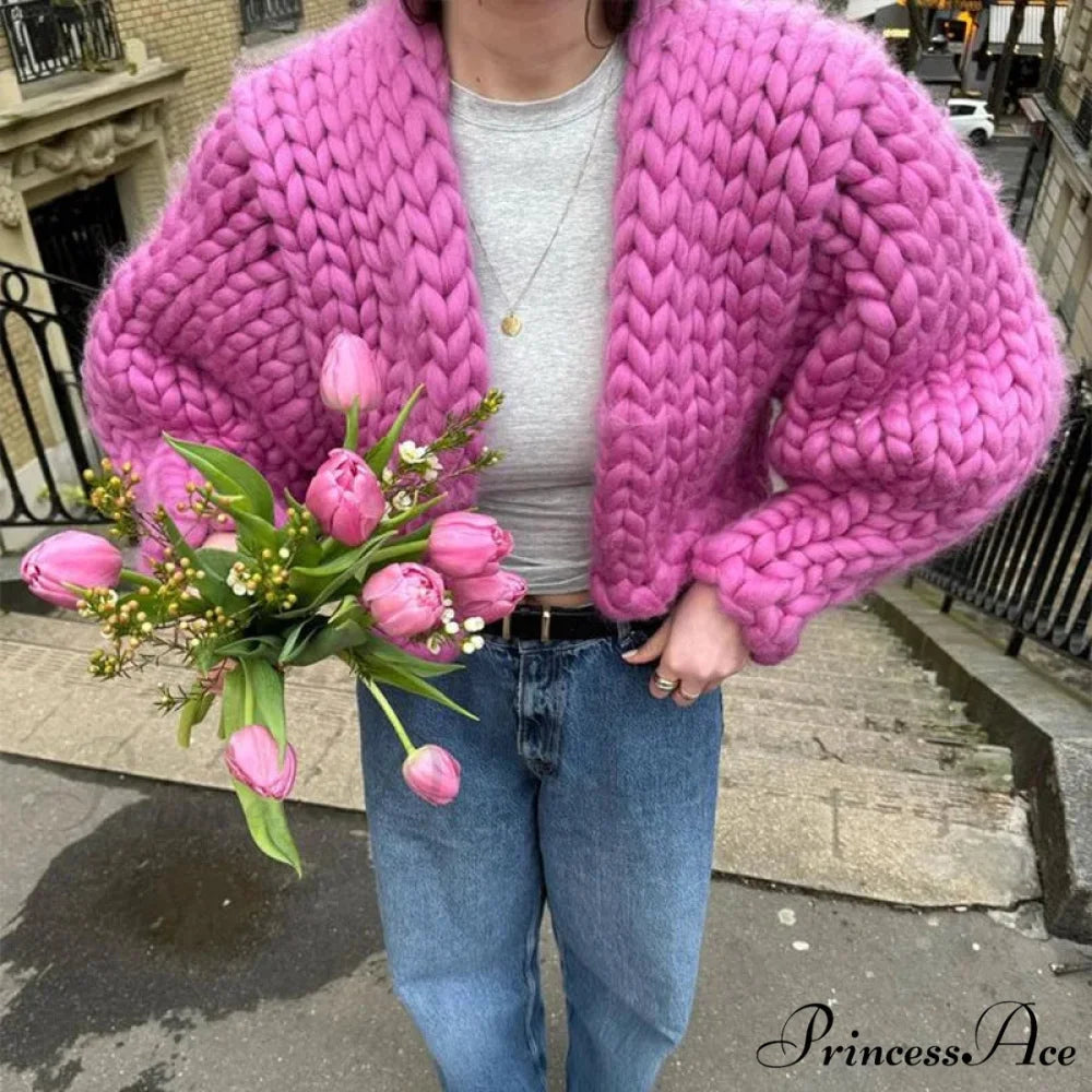 Twist Knitted Solid Casual Cardigan Rose red / S