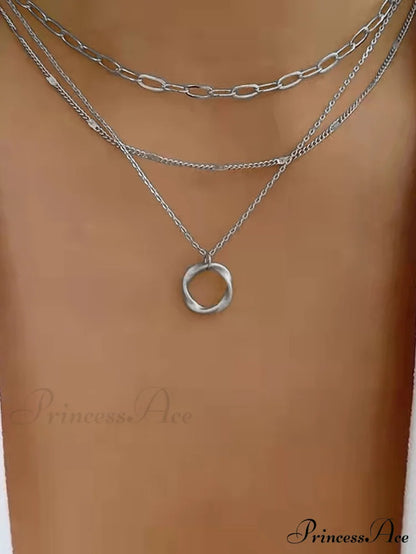Twist Round Charm Layered Necklace Silver / one-size