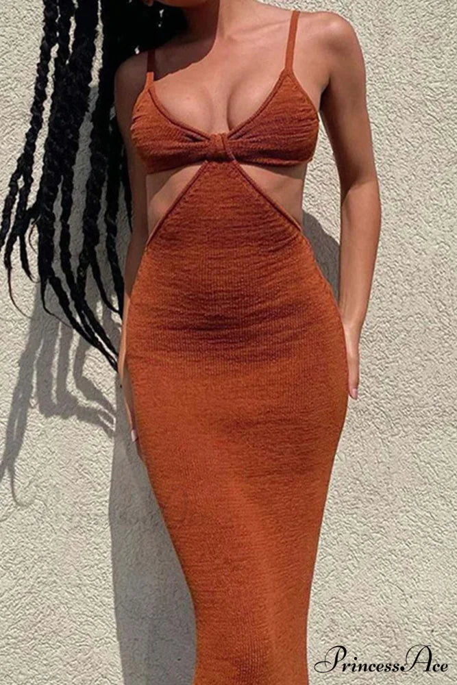 Twisted-front Backless Knit Cami Dress with Cutout Brown / S