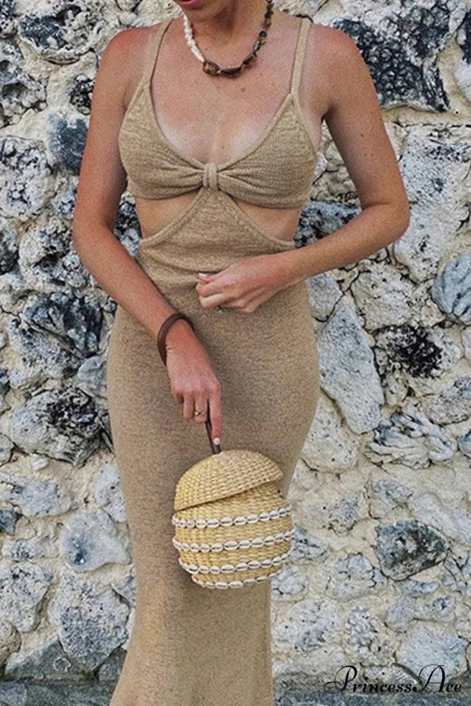 Twisted-front Backless Knit Cami Dress with Cutout Khaki / L