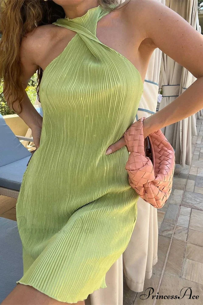 Twisted Halter Pleated Dress Green / M