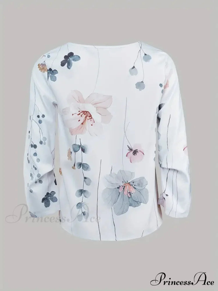 Two-Piece Flowered Arm Neck Top Long Crew Design Set