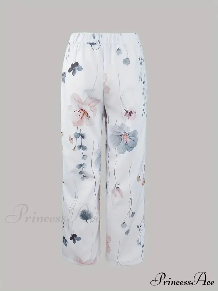 Two-Piece Flowered Arm Neck Top Long Crew Design Set